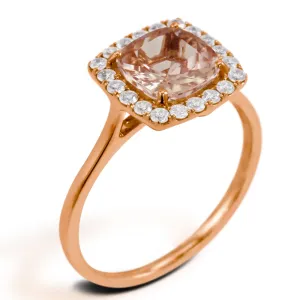 18ct Rose Gold 1.41ct Cushion Cut Morganite And 0.23ct Diamond Halo Ring