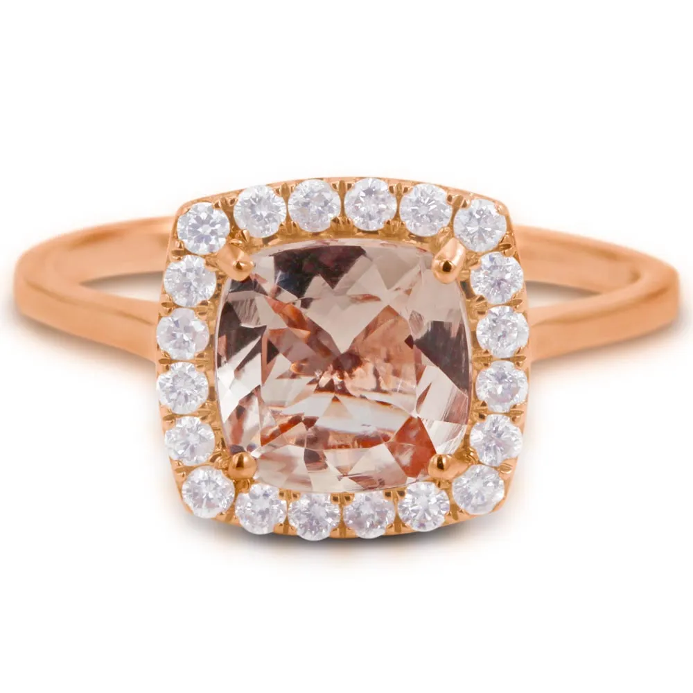 18ct Rose Gold 1.41ct Cushion Cut Morganite And 0.23ct Diamond Halo Ring