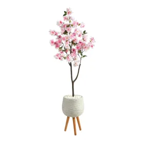 63" Artificial Cherry Blossom Tree in White Planter with Stand - Low Maintenance, Life-Like & Vibrant Silk Trees For Busy People.