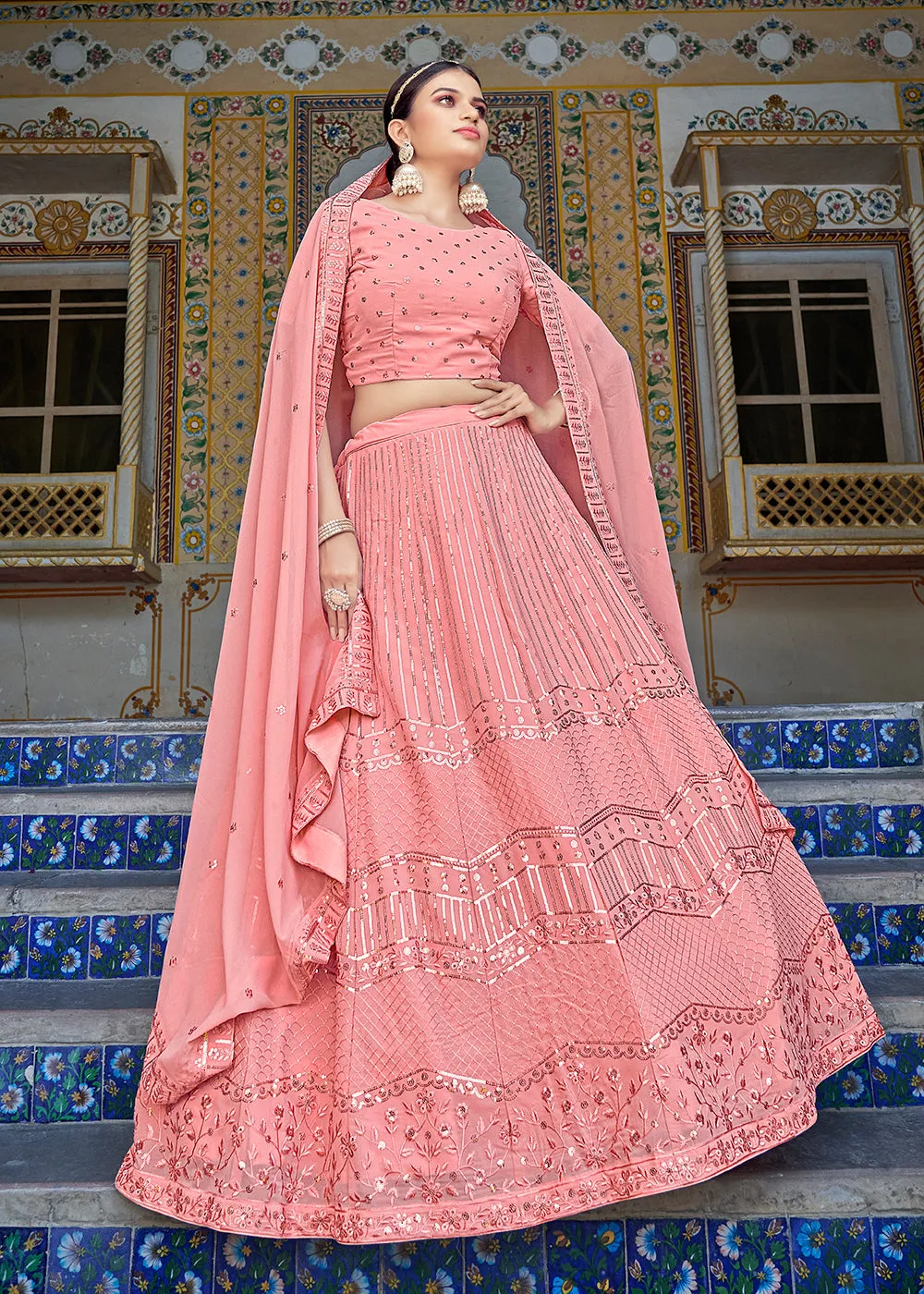 A Line Pink Trendy Sequins Embroidered Wedding Lehenga