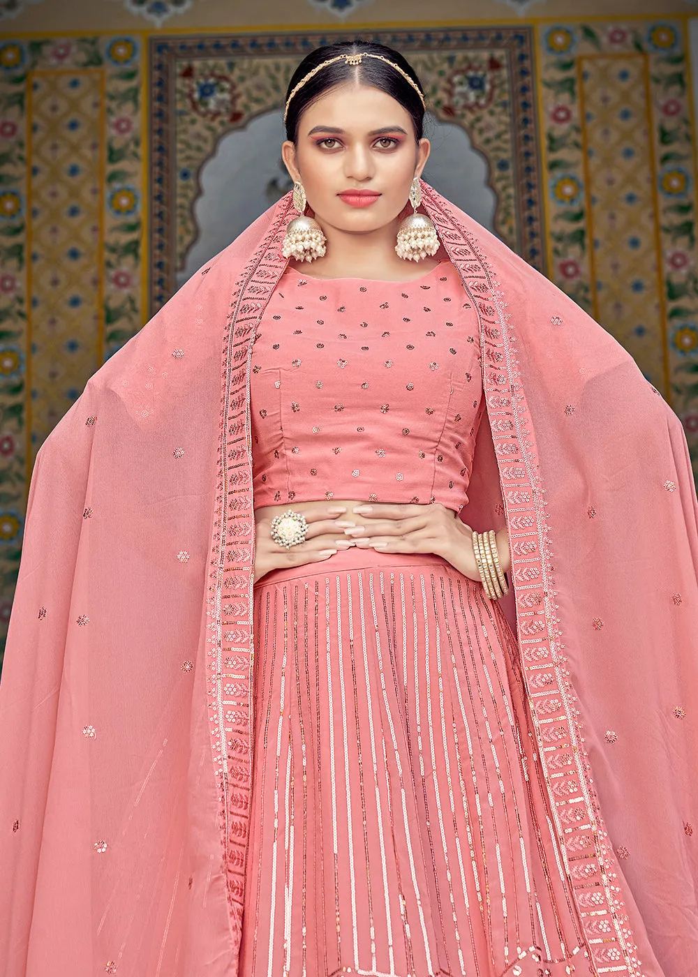 A Line Pink Trendy Sequins Embroidered Wedding Lehenga