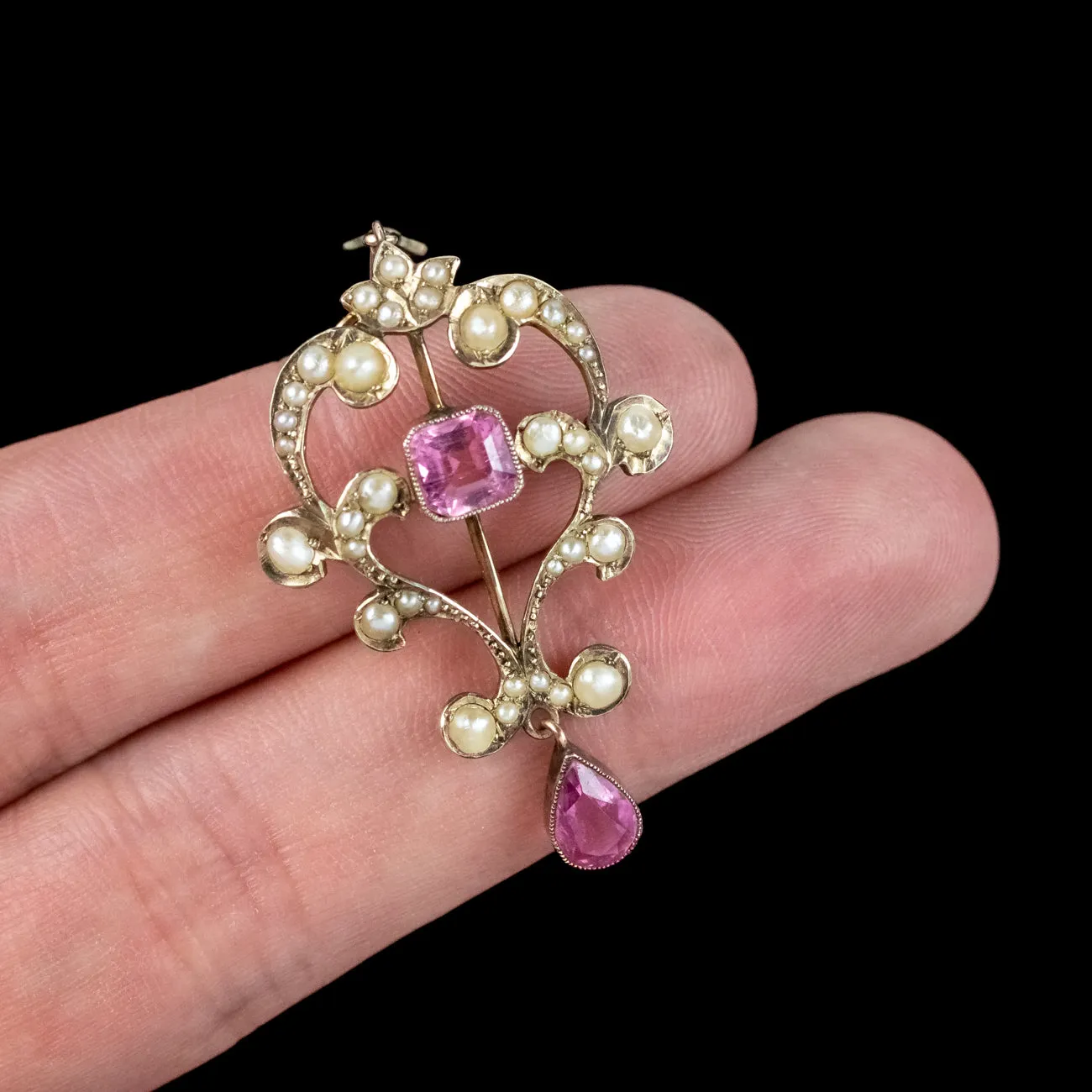 Antique Victorian Pink Tourmaline Pearl Pendant 9ct Gold