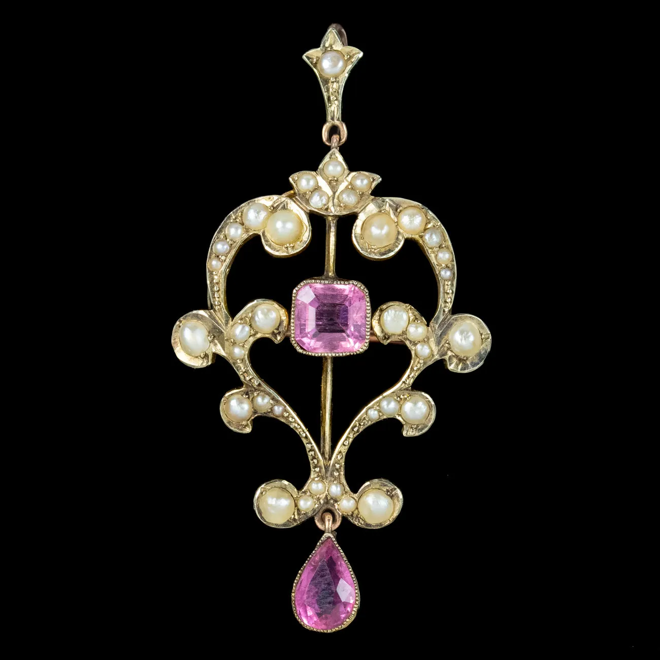 Antique Victorian Pink Tourmaline Pearl Pendant 9ct Gold