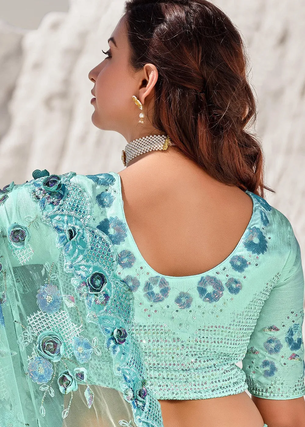 Arctic Blue Floral Embroidered Net Saree