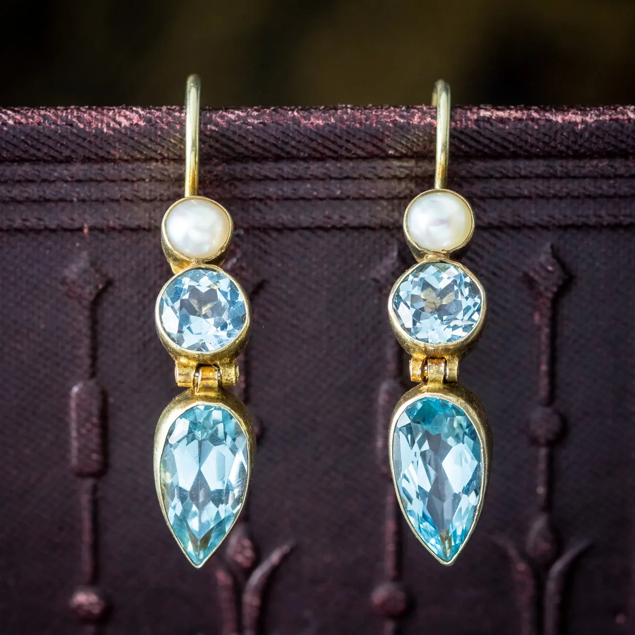 Art Deco Style Blue Topaz Pearl Drop Earrings