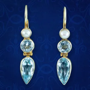 Art Deco Style Blue Topaz Pearl Drop Earrings