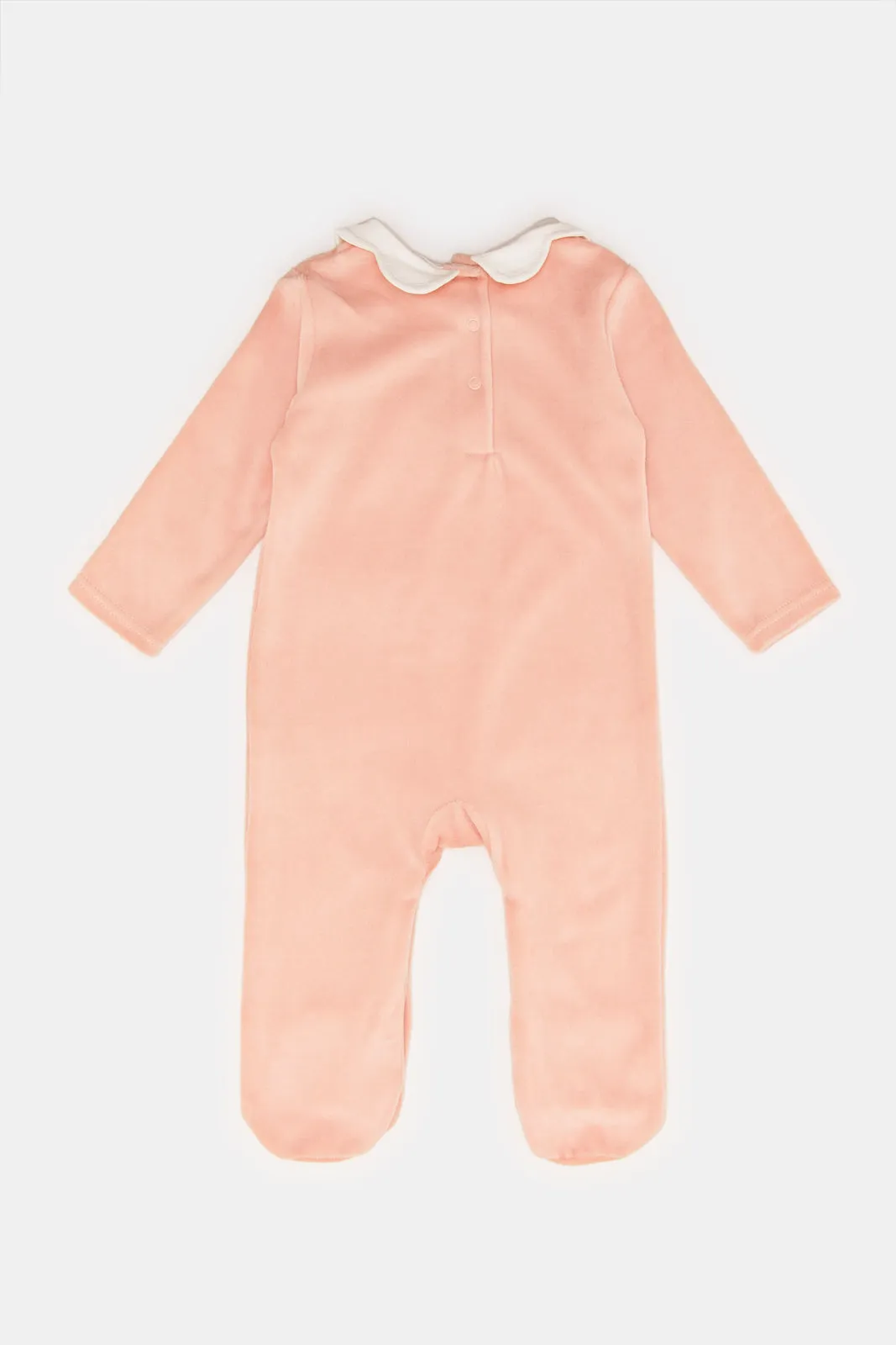 Babies Pink Printed Collared Velour Sleepsuit With Applique