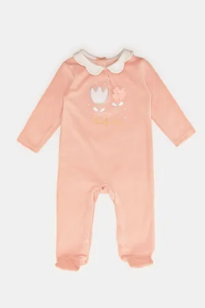 Babies Pink Printed Collared Velour Sleepsuit With Applique