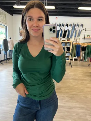 Basic Long Sleeve V Neck in Green