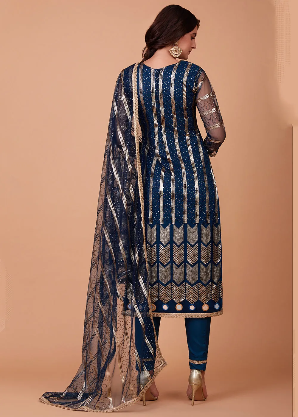 Beautiful Blue Tone to Tone Thread Net Salwar Kameez