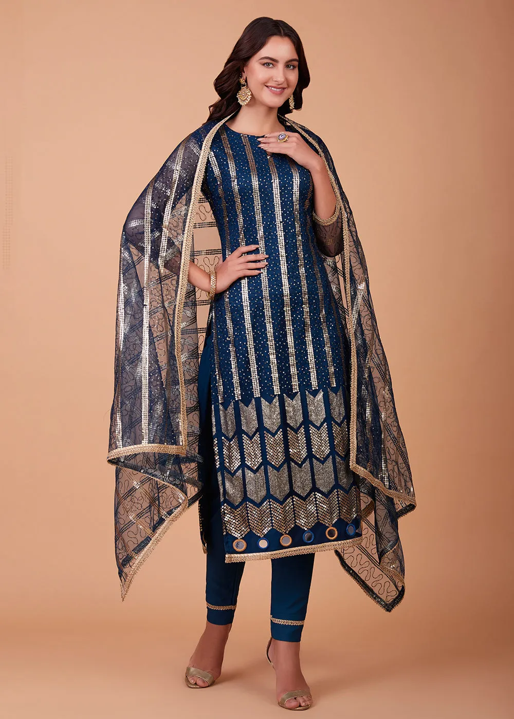 Beautiful Blue Tone to Tone Thread Net Salwar Kameez