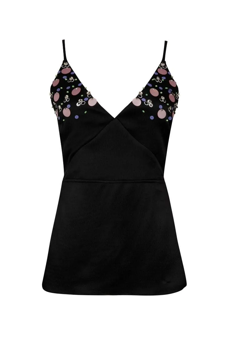 BLACK EMBROIDERED V-NECK TOP