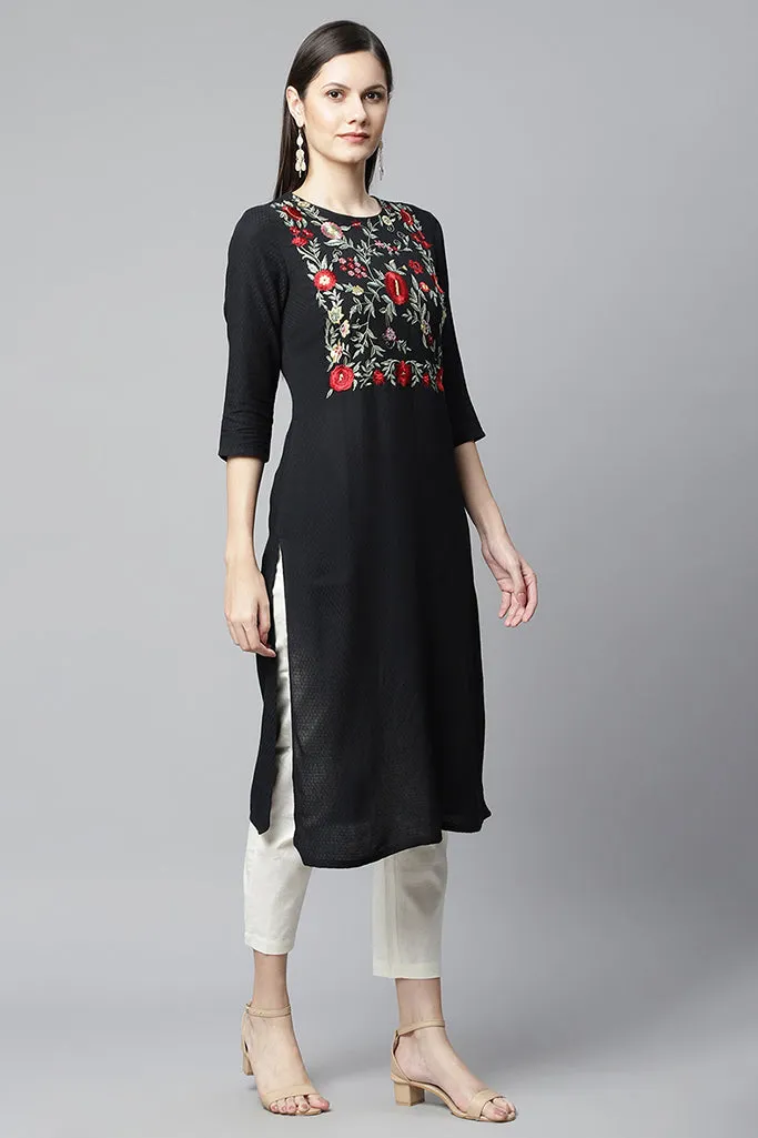 Black Straight Kurta With Multi Embroidery