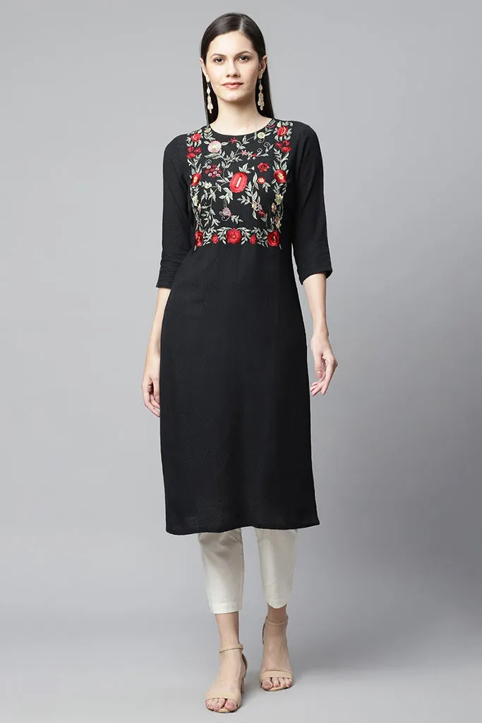 Black Straight Kurta With Multi Embroidery