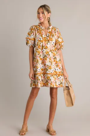 Blissful Treasure 100% Cotton Honey Yellow Floral Mini Dress