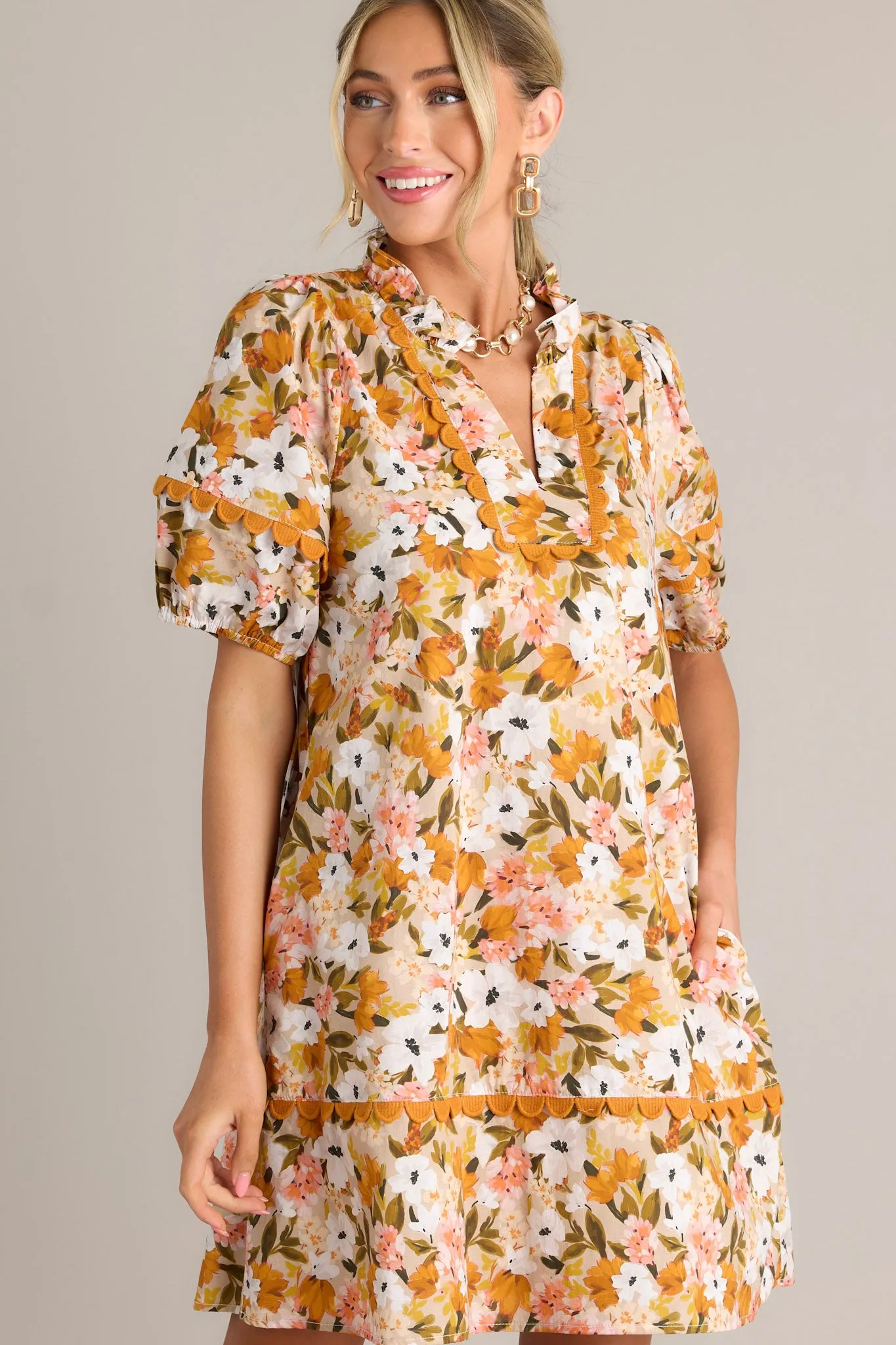 Blissful Treasure 100% Cotton Honey Yellow Floral Mini Dress