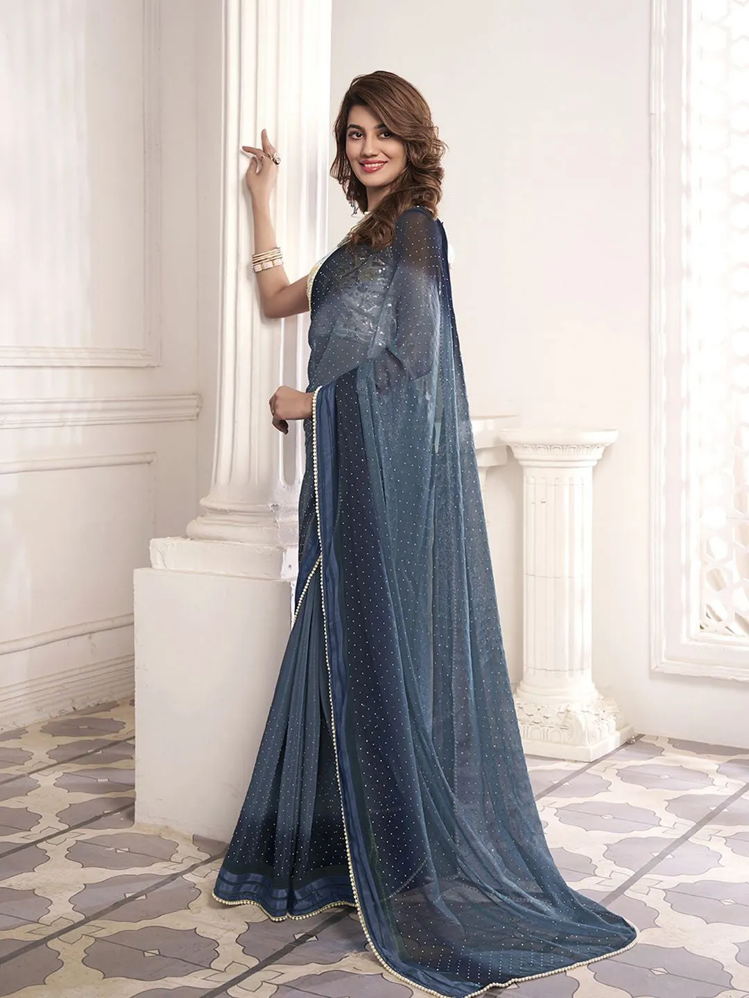 Blue Polka Dot Beads and Stones Saree