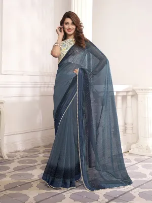 Blue Polka Dot Beads and Stones Saree