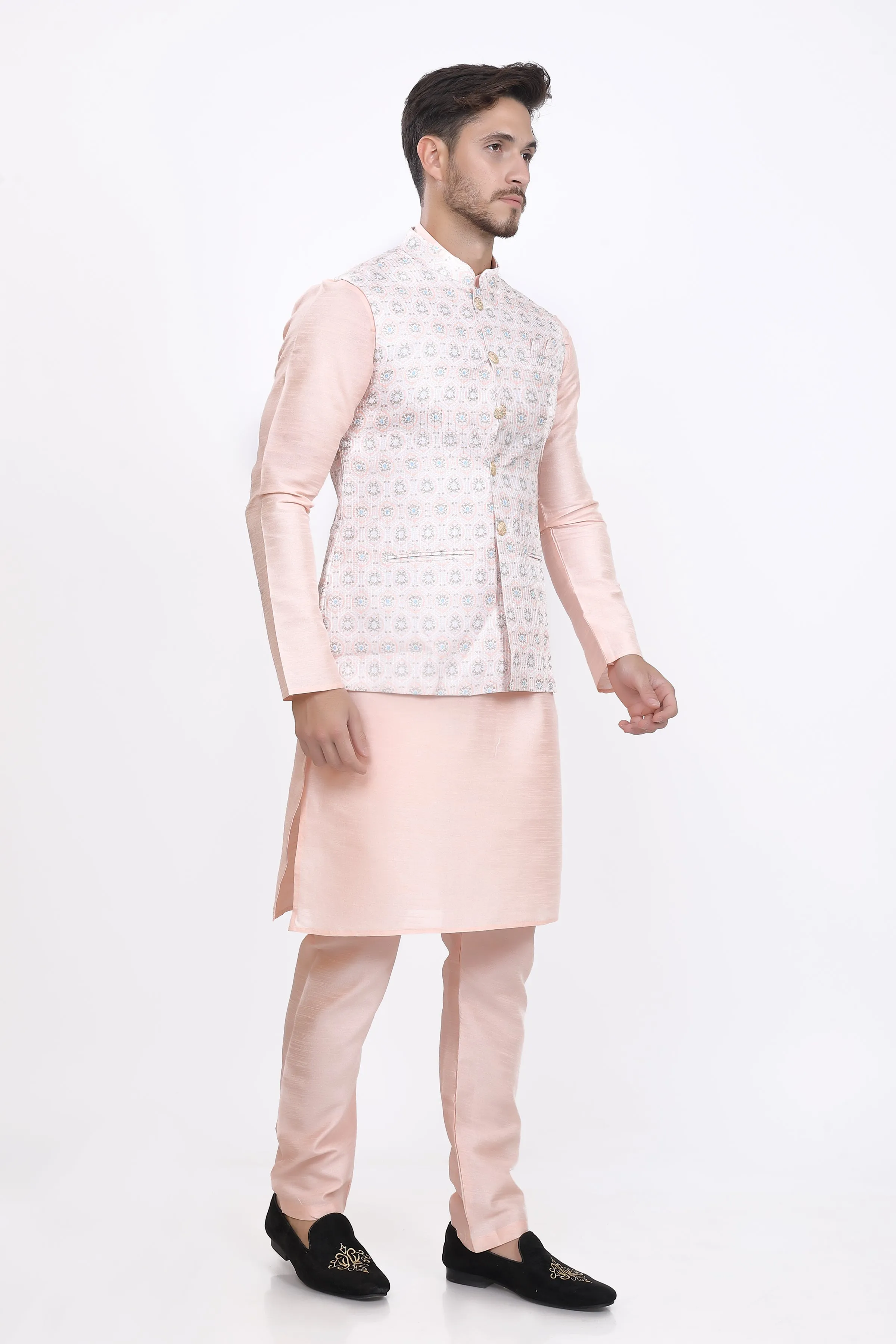 Blush peach mens kurta pyjama waistcoat set