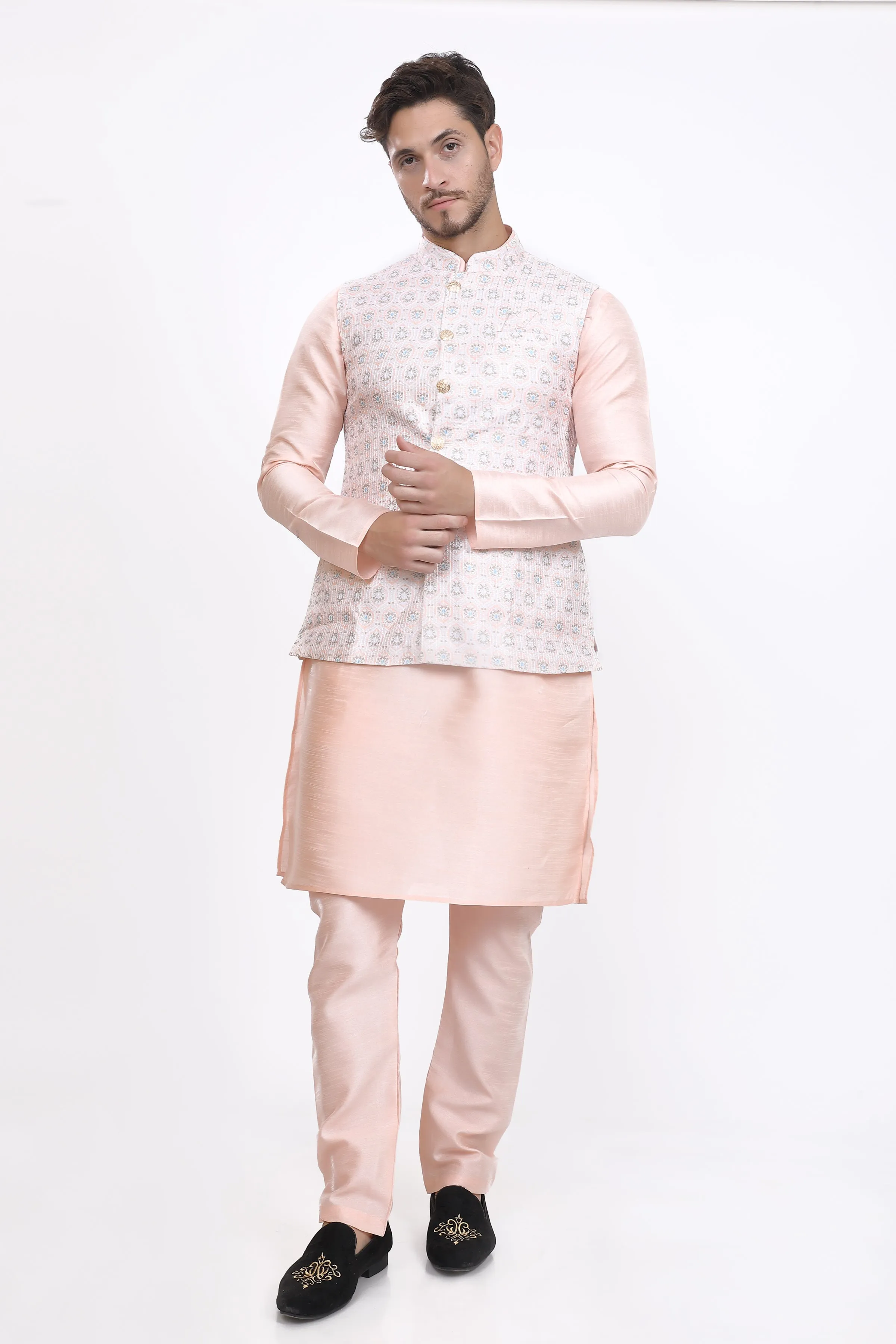 Blush peach mens kurta pyjama waistcoat set