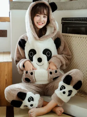 BROWN BEAR SUIT CORAL FLEECE PAJAMAS WOMEN THICKEN