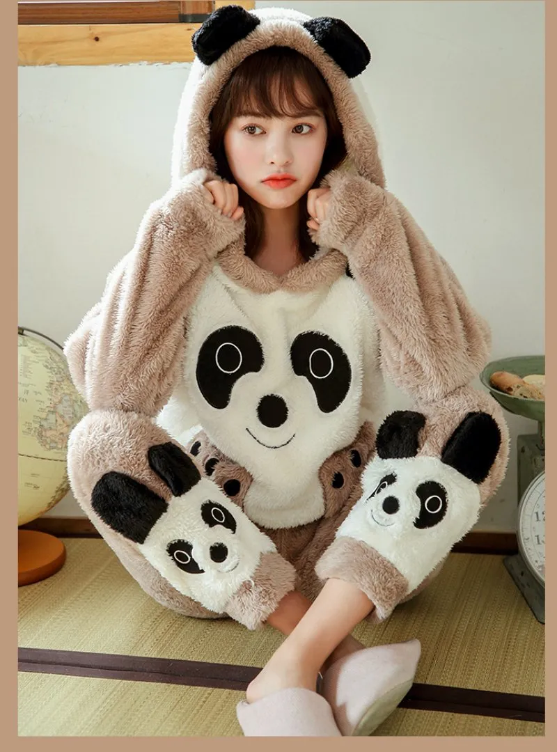 BROWN BEAR SUIT CORAL FLEECE PAJAMAS WOMEN THICKEN