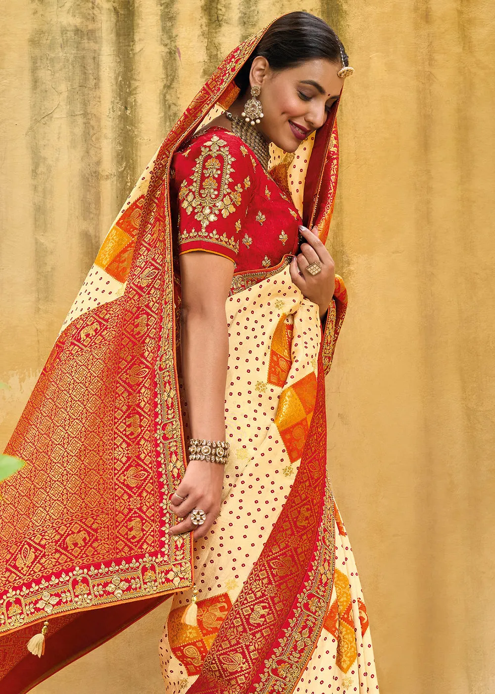 Designer Multicolor Beige & Red Silk Wedding Wear Saree