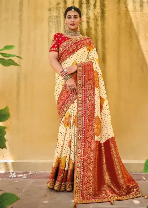 Designer Multicolor Beige & Red Silk Wedding Wear Saree