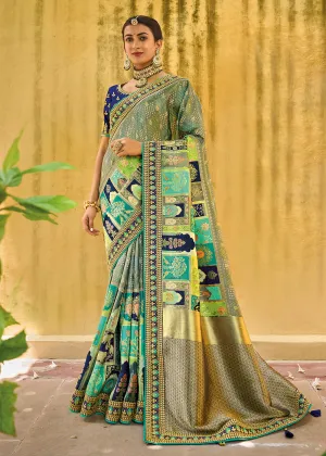 Designer Multicolor Green & Blue Silk Wedding Wear Saree