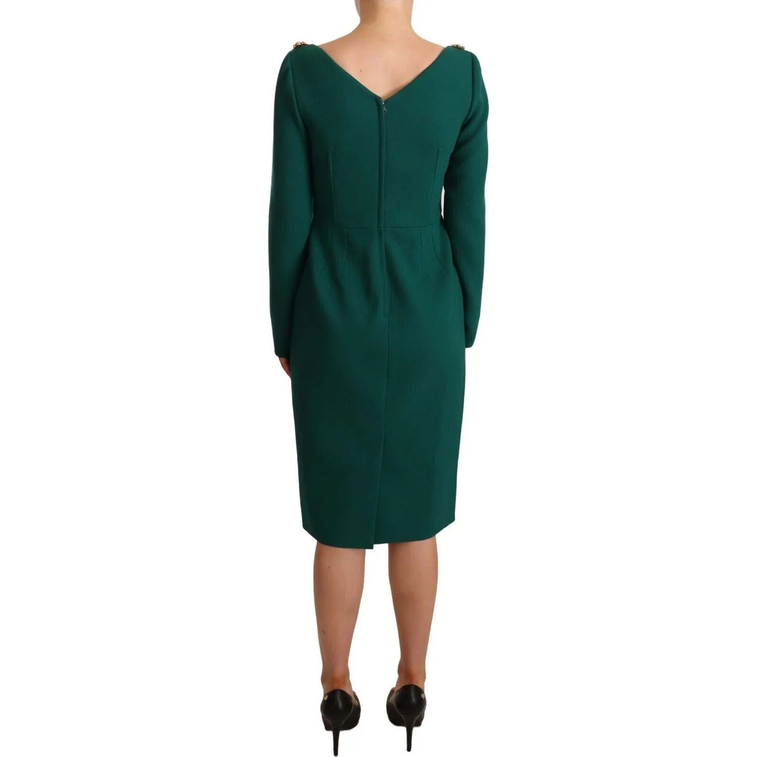 Dolce & Gabbana Emerald Green Midi Sheath Dress with Crystal Brooch