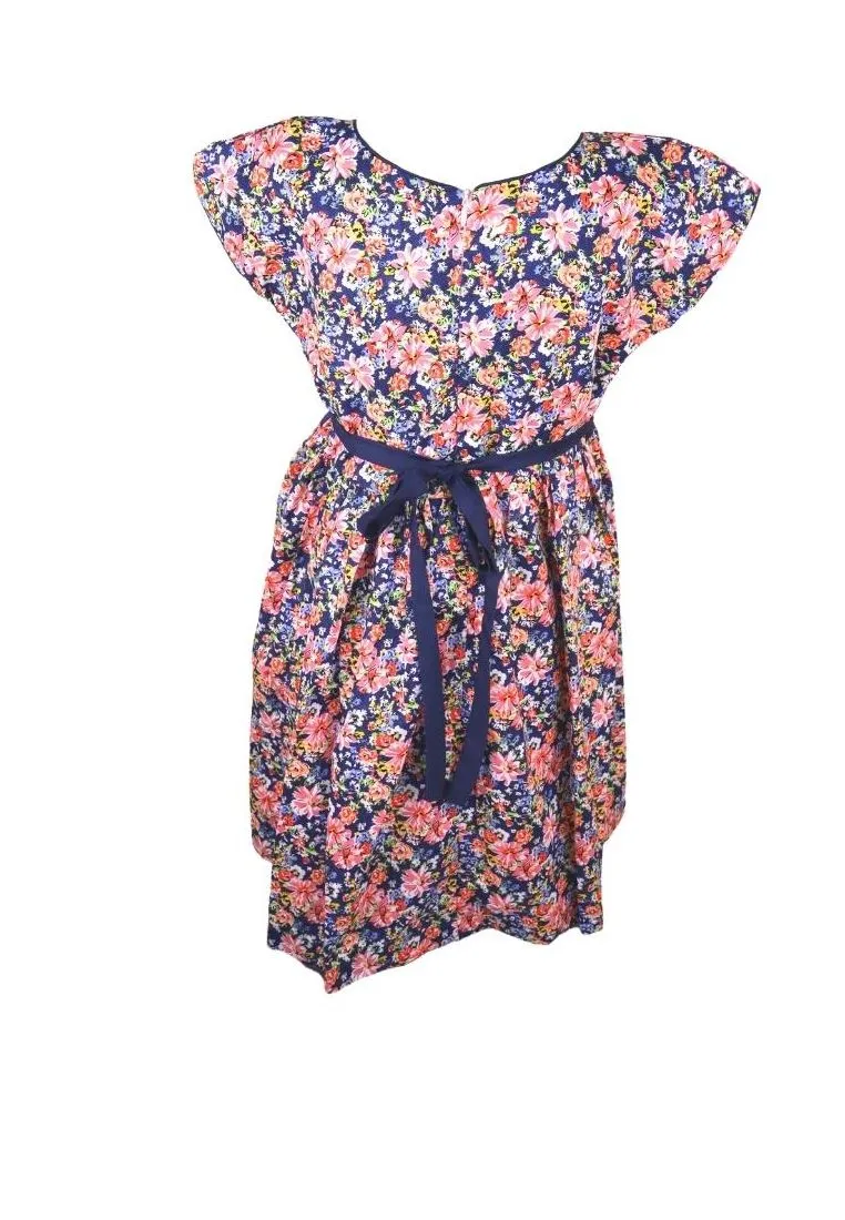 Dress Continuous Short Sleeves With Band Shiring And Lining Floral Printed - Navy Blue/Pink