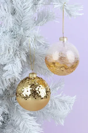 Elegant Gold Christmas Baubles - Clear Spun Glass and Sequin-Adorned Gold