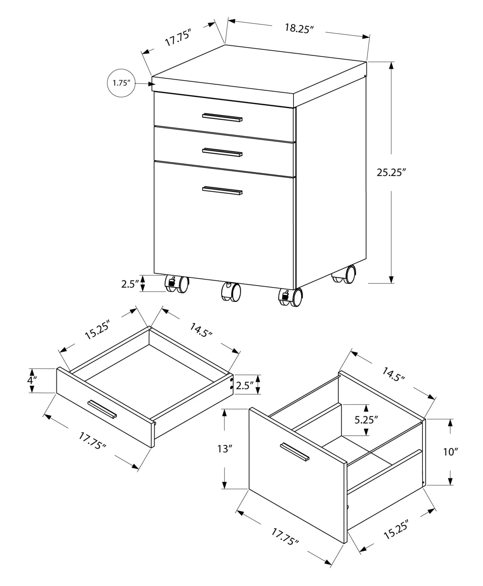 Filing Cabinet - 3 Drawer / Grey Reclaimed Wood / Castors