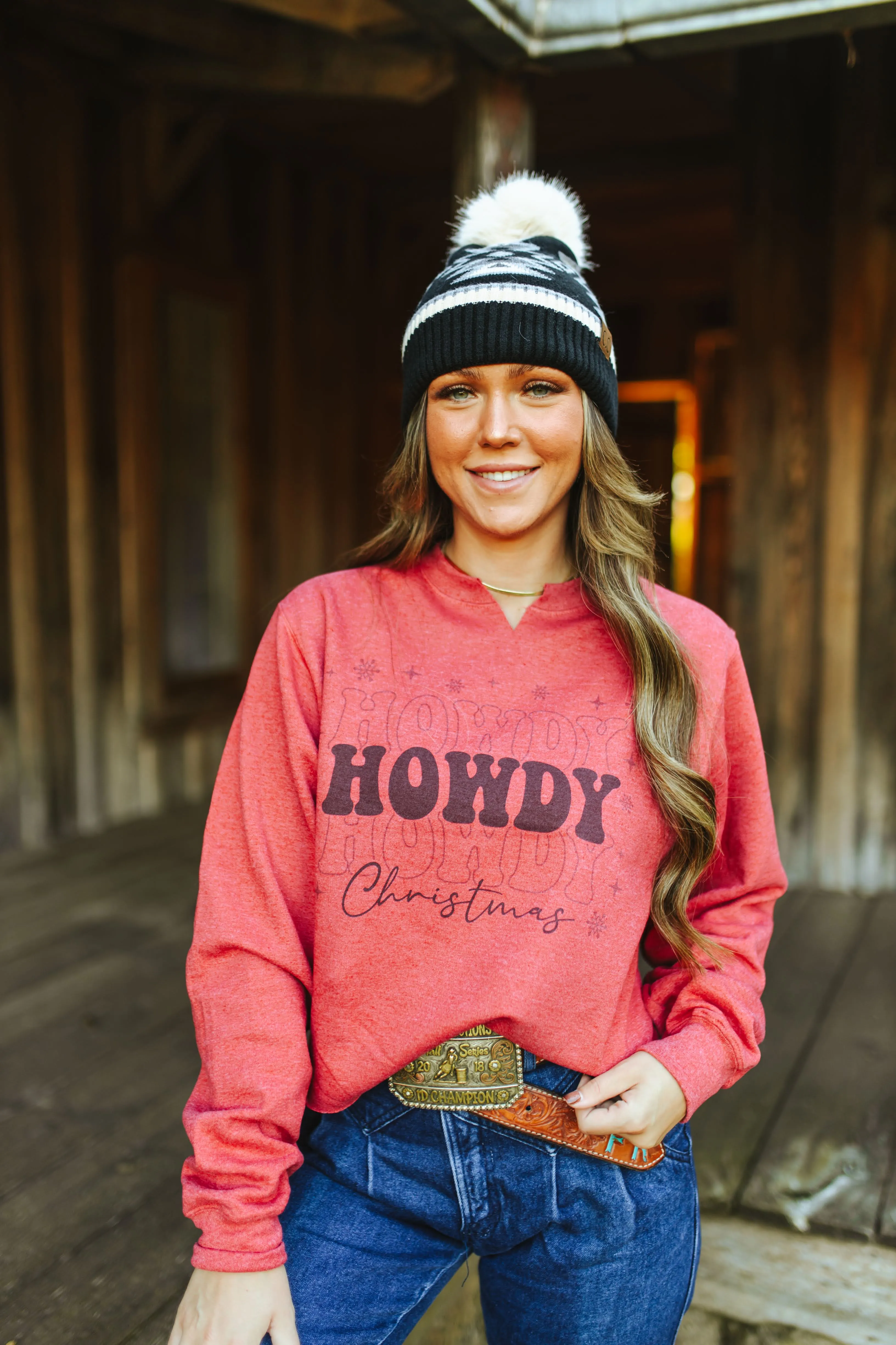 Howdy Christmas Raw Hem V-Neck Crop Graphic Sweatshirt