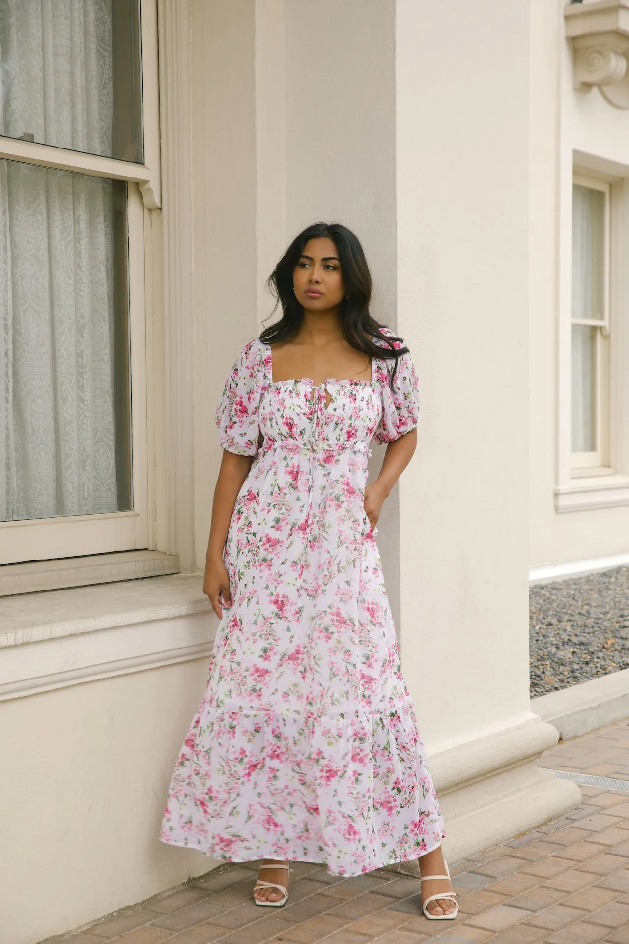 Jane White and Pink Floral Dress