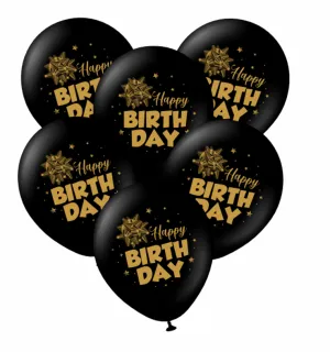 Kalisan 12" Happy Birthday Bow Black Printed Gold Latex Balloon, 25 pieces