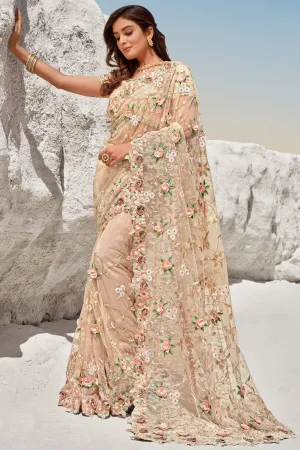 Light Peach Floral Embroidered Net Saree