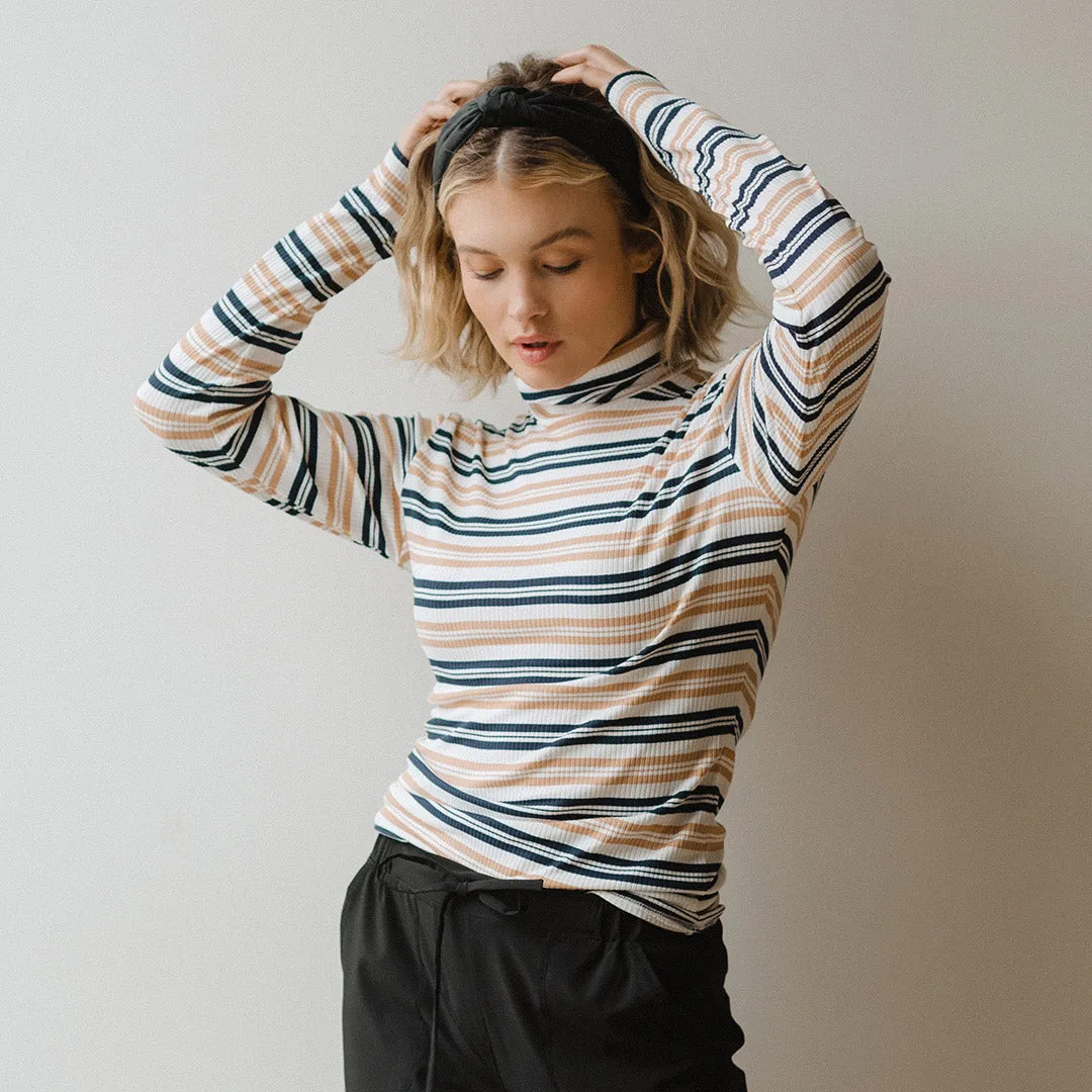 Long Sleeve Turtleneck, Navy and Tan Stripe