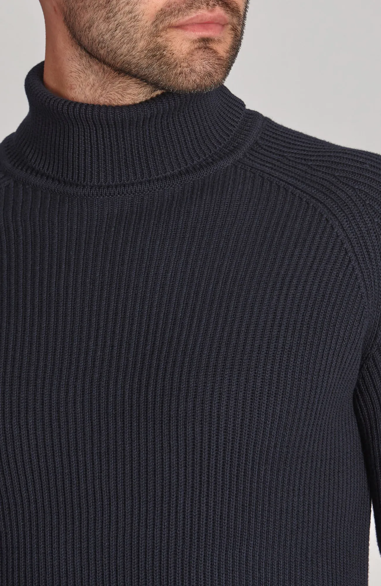 Mens Midweight Cotton Ribbed Roll Neck Jumper