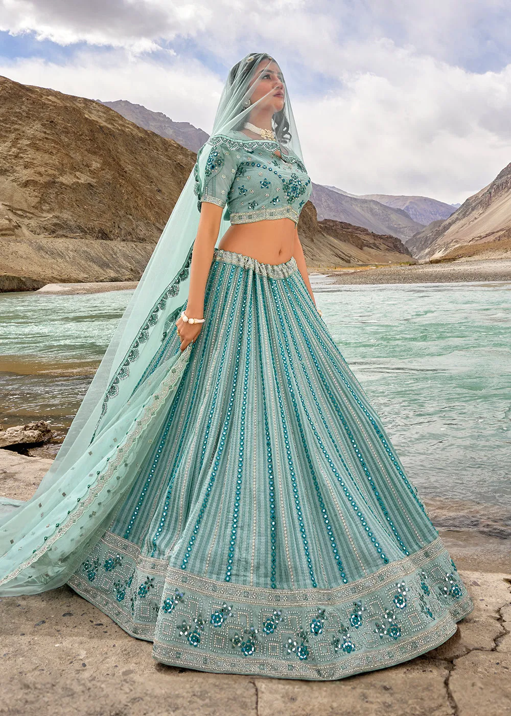 Mint Blue Embroidered Pure Georgette Designer Bridal Lehenga Choli