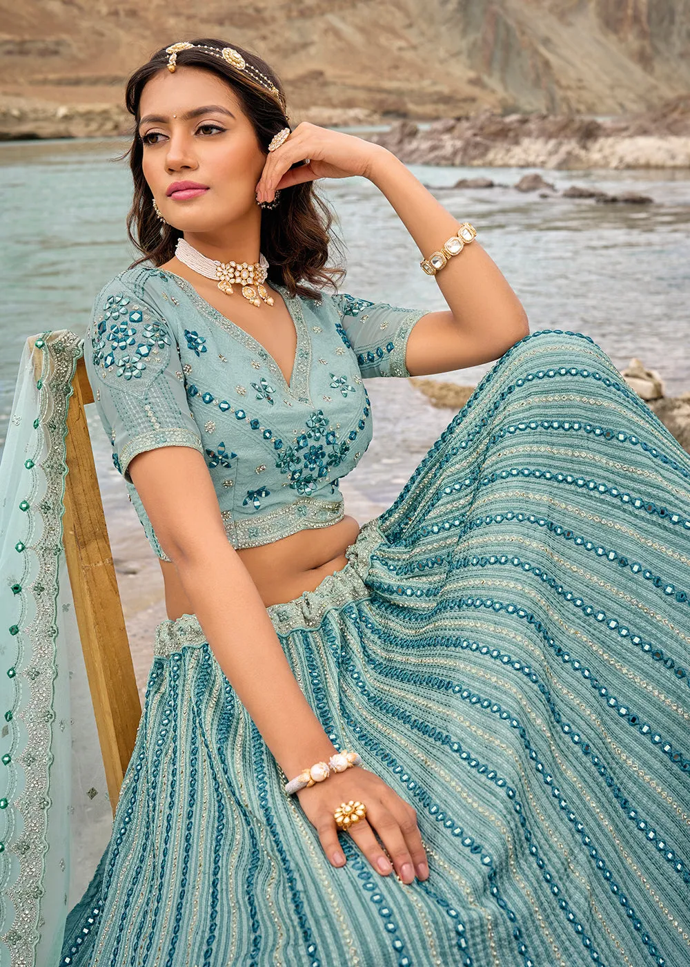 Mint Blue Embroidered Pure Georgette Designer Bridal Lehenga Choli