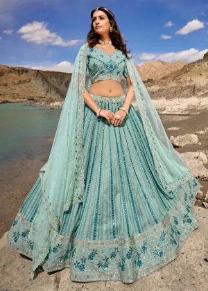 Mint Blue Embroidered Pure Georgette Designer Bridal Lehenga Choli