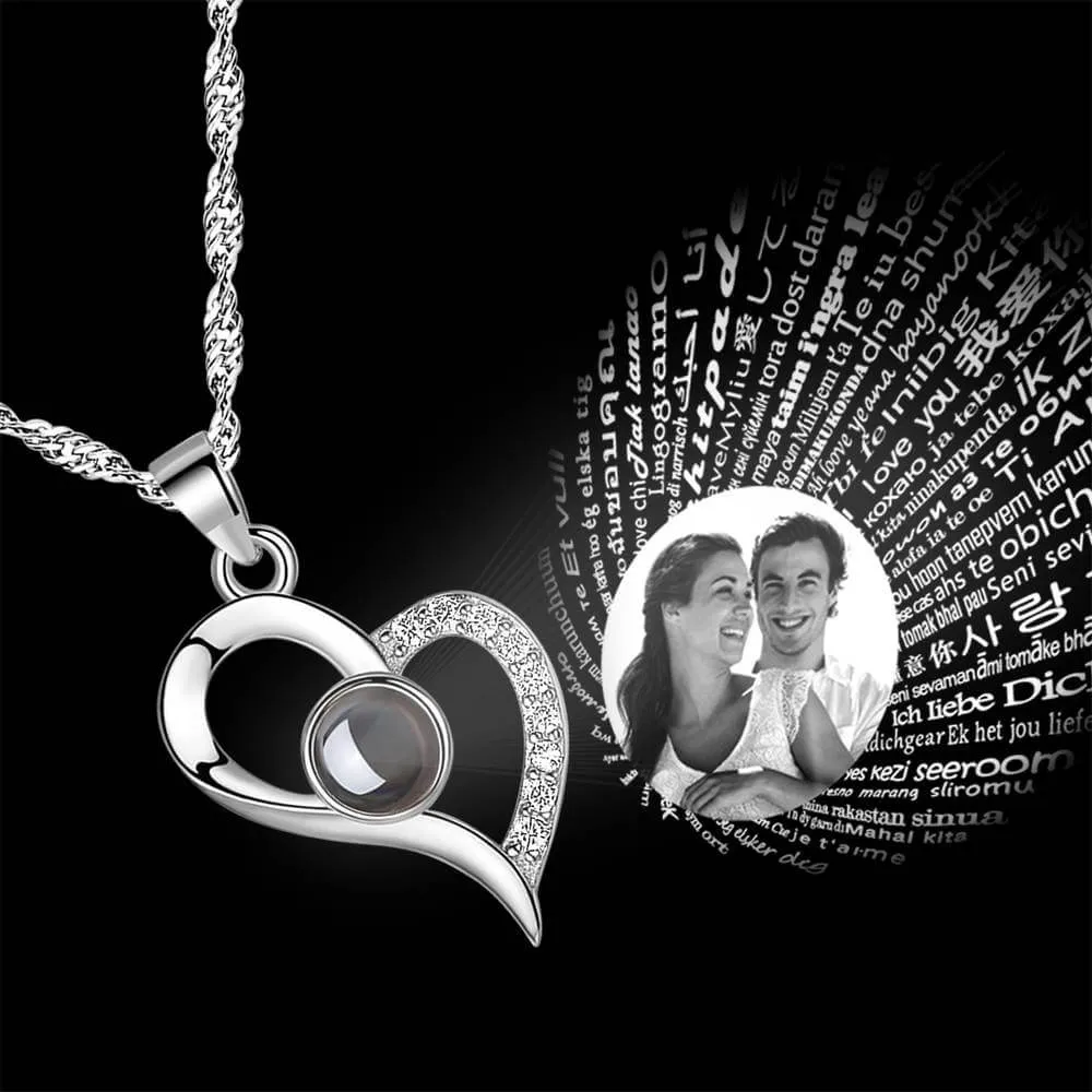 Personalized 100 Languages I Love You Photo Heart Projection Necklace