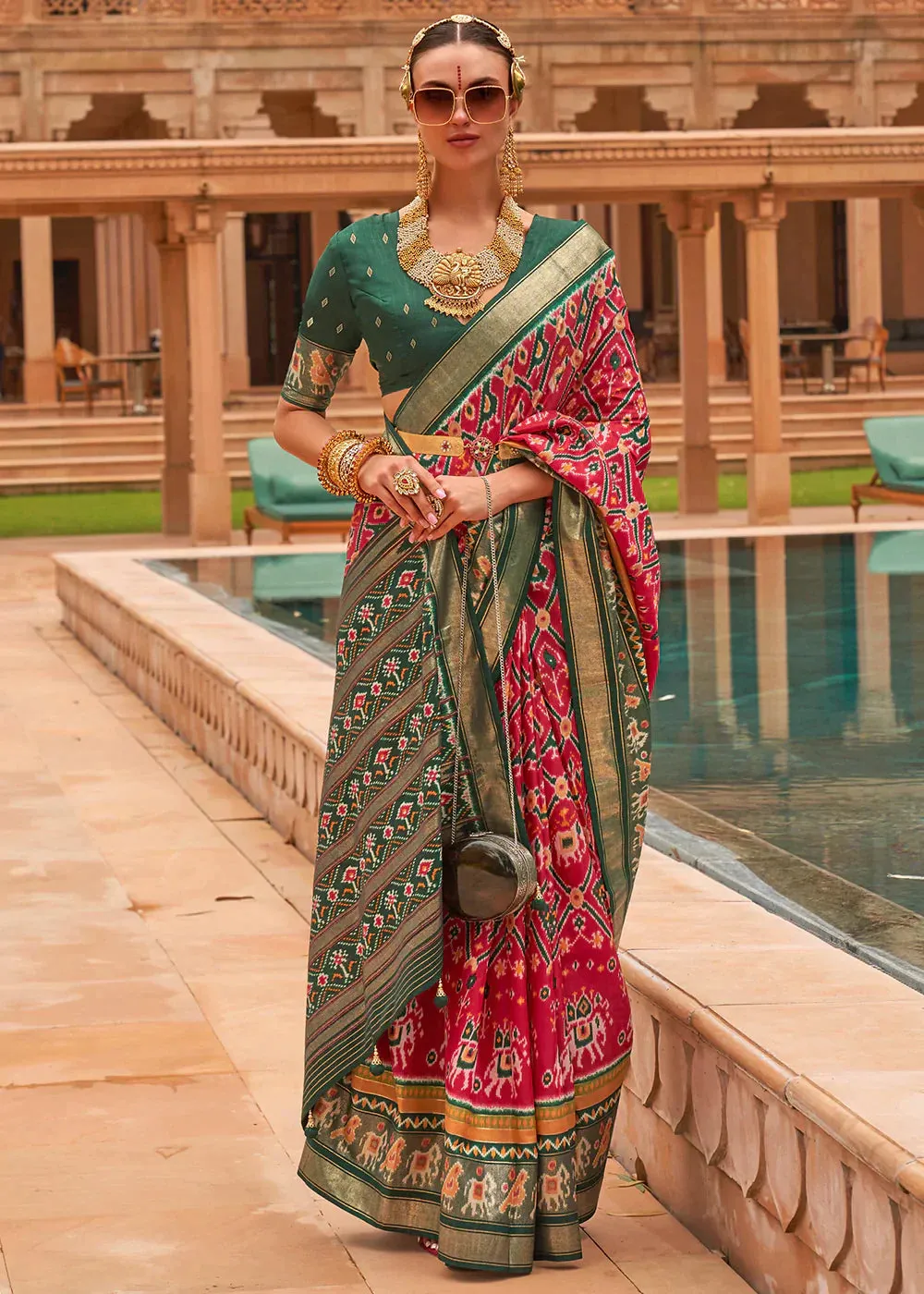 Pink & Green Patola Printed Smooth Silk Saree