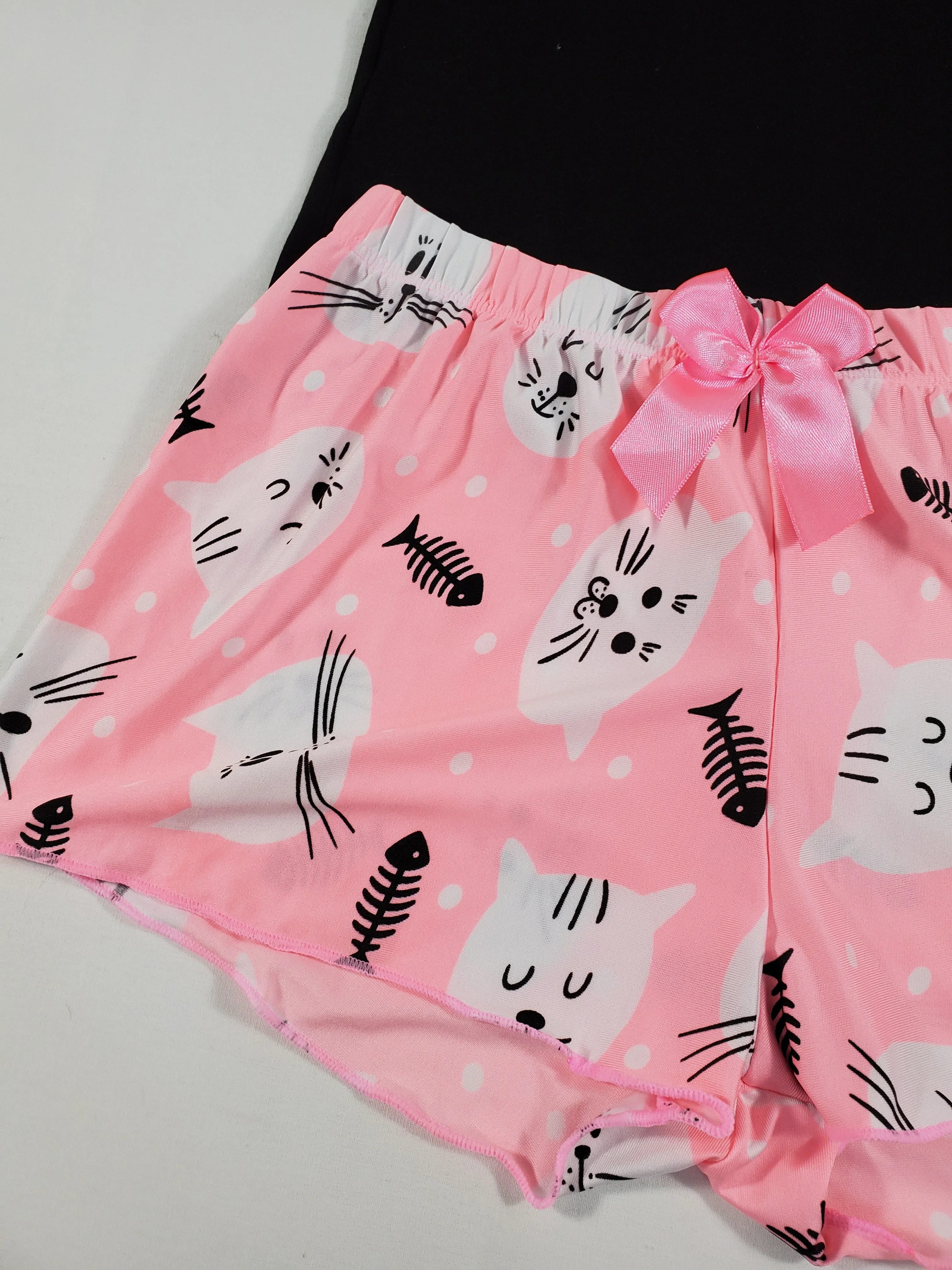 Pink Classic Women's pajamas shorts kittens theme black blouse