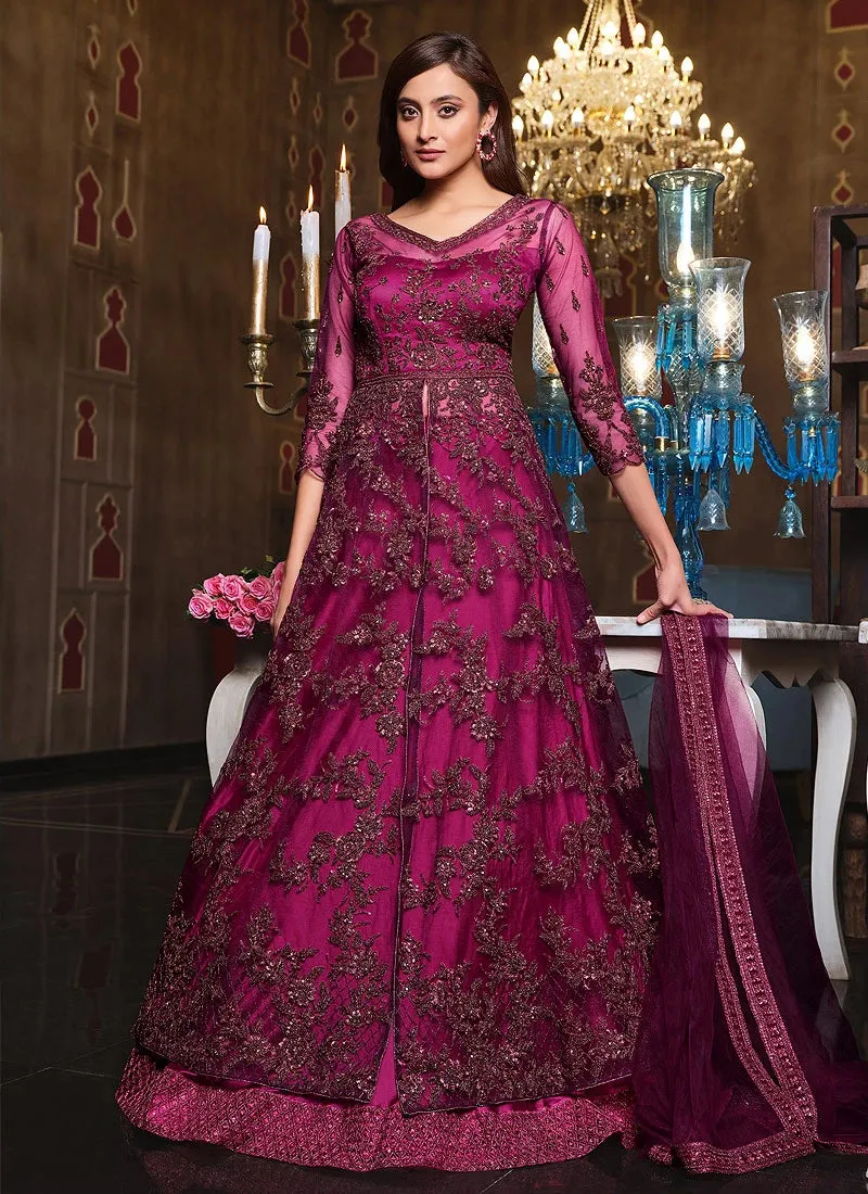 Pink Front Slit Sequins Embroidered Lehenga Style Anarkali Suit