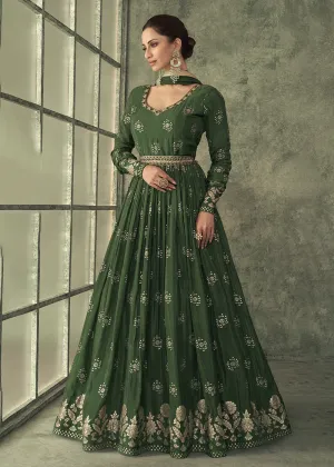 Pretty Green Viscose Silk Embroidered Wedding Anarkali Gown