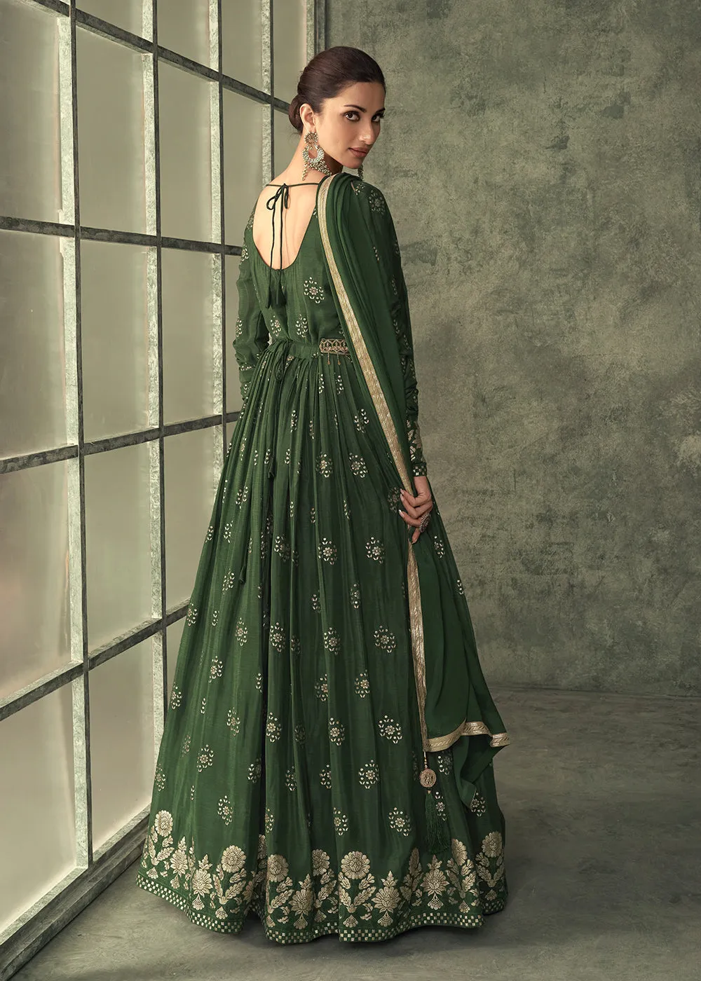 Pretty Green Viscose Silk Embroidered Wedding Anarkali Gown