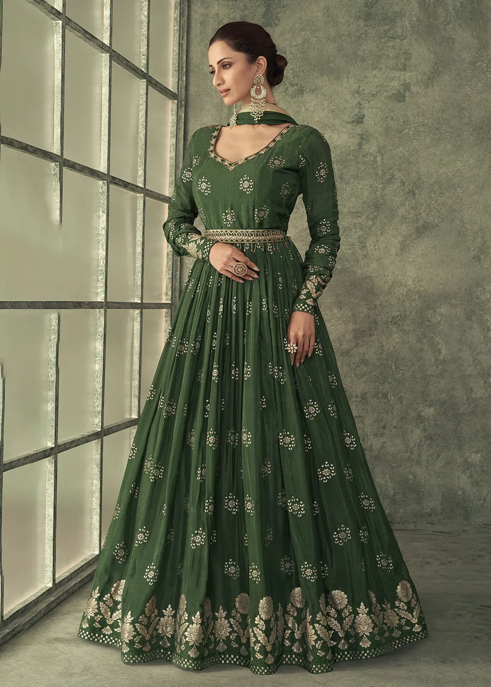 Pretty Green Viscose Silk Embroidered Wedding Anarkali Gown