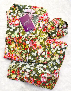 Sajiero Galaxy Boski Linen  Printed Pajama Floral Green